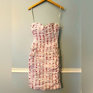 1980s Victor Costa ruched strapless dress in red and white polka dot.